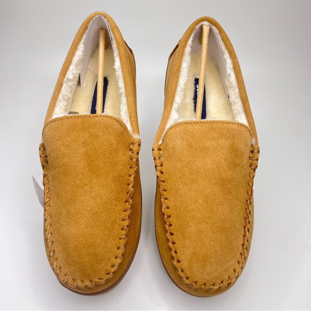 NWT Lands’ End Men’s English Tan Suede Leather Faux Fur Lined Moccasin Slippers - Picture 11 of 15